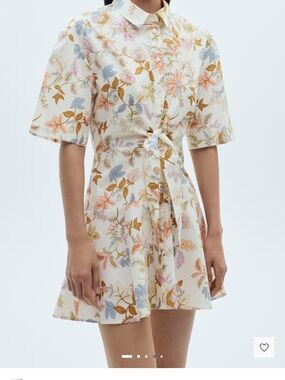 Mango Cream Floral Tie-Waist Mini Dress with Pastel Accents